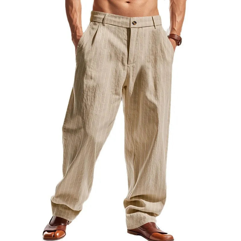 Man wearing striped linen high-waist wide-leg casual trousers