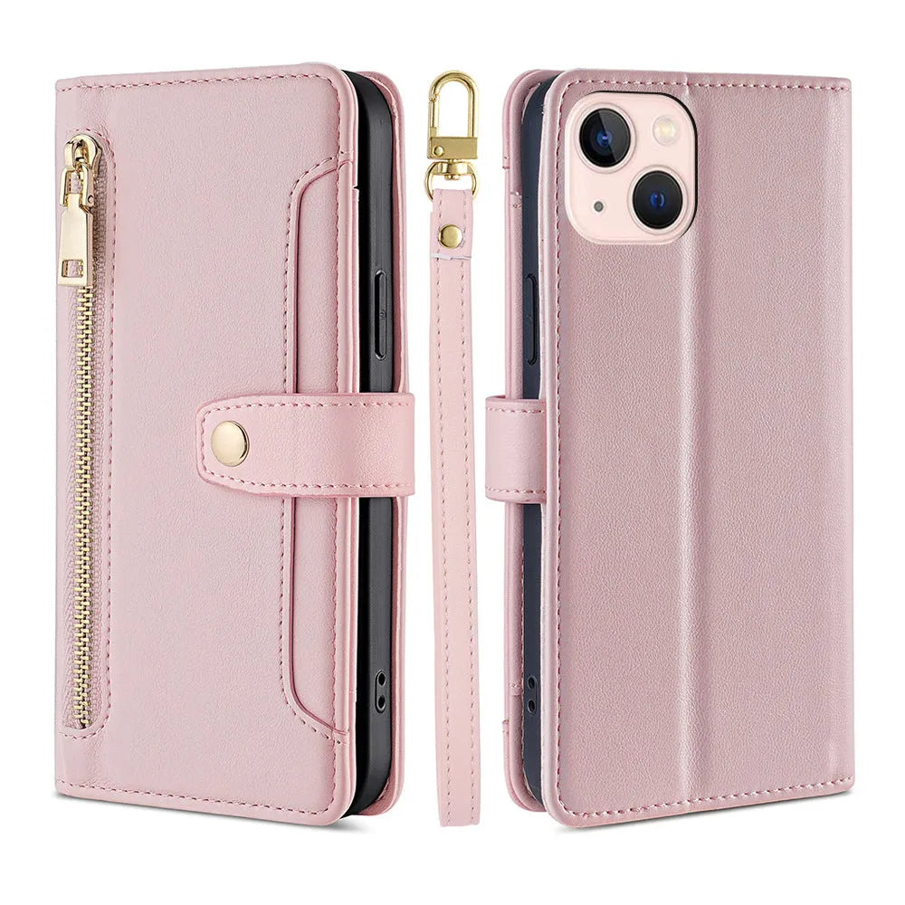 Flip cross-body lanyard phone case with card slot bracket magnetic suction for iPhone Samsung Huawei in black colour