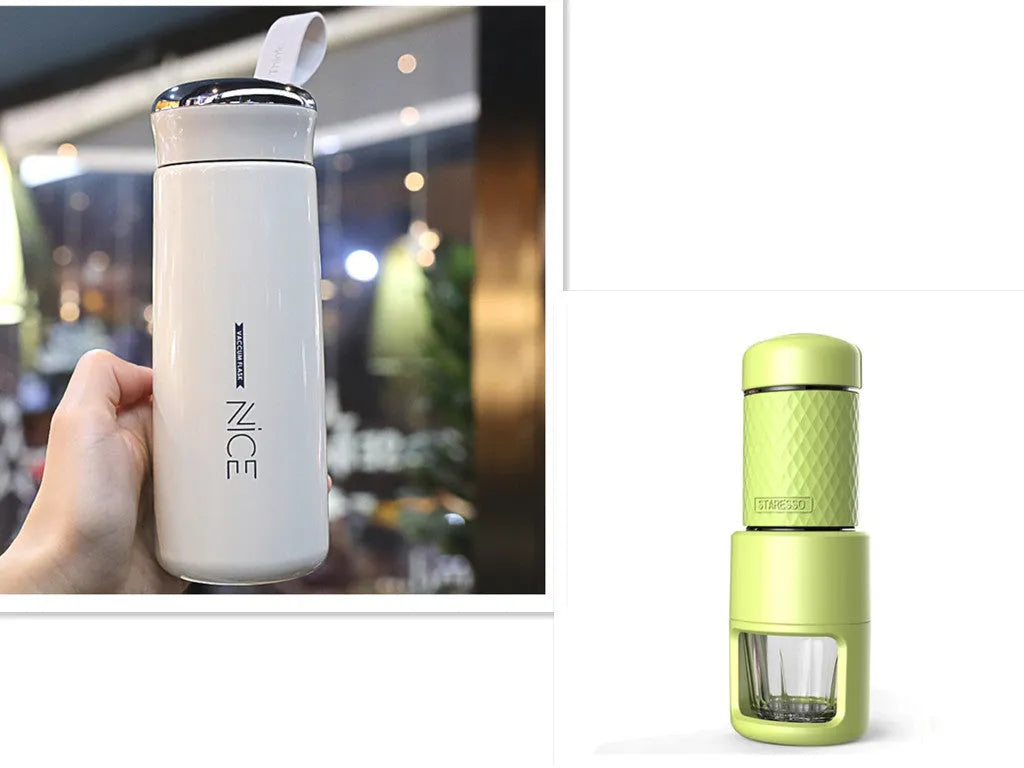 Portable manual espresso coffee machine in four colours with compact stainless steel design.