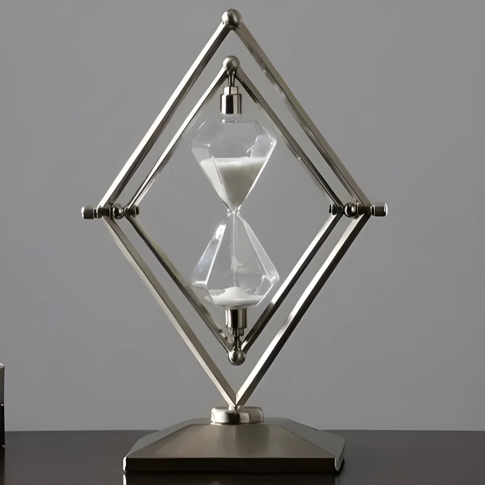Glass sand clock timer with detailed metal ornaments in a bronze finish, showing modern simplicity style.