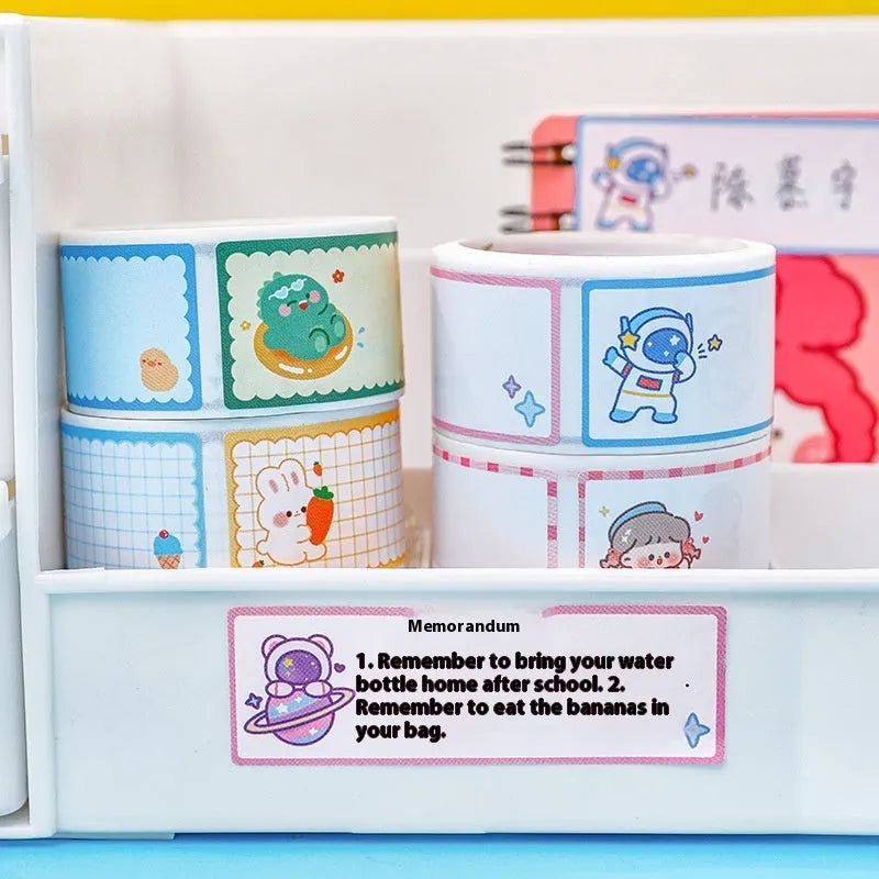 Roll of cartoon name stickers with dinosaur, astronaut, rabbit and girl design options