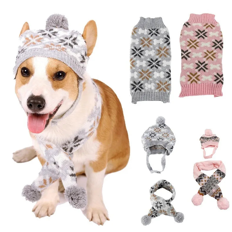 Japanese-style grey pet sweater with matching scarf hat on dog showing retro jacquard pattern