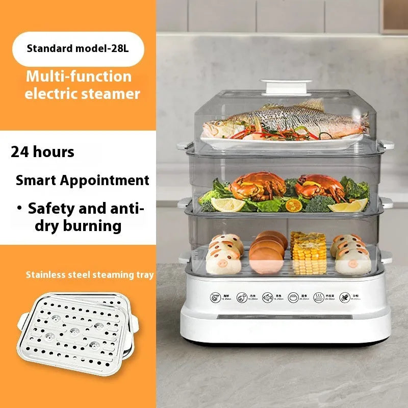 Electric steamer with stainless steel rack and automatic measuring features for household cooking