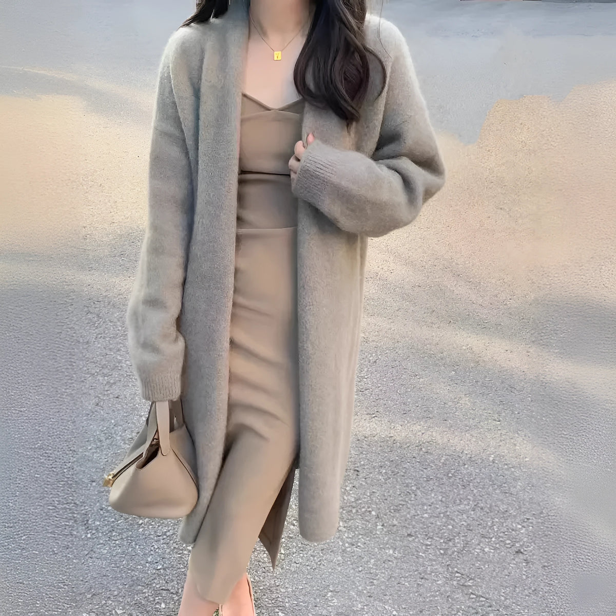 Women's mid-length knitted cardigan V-neck thickened loose fit long sleeve polyester coat in khaki