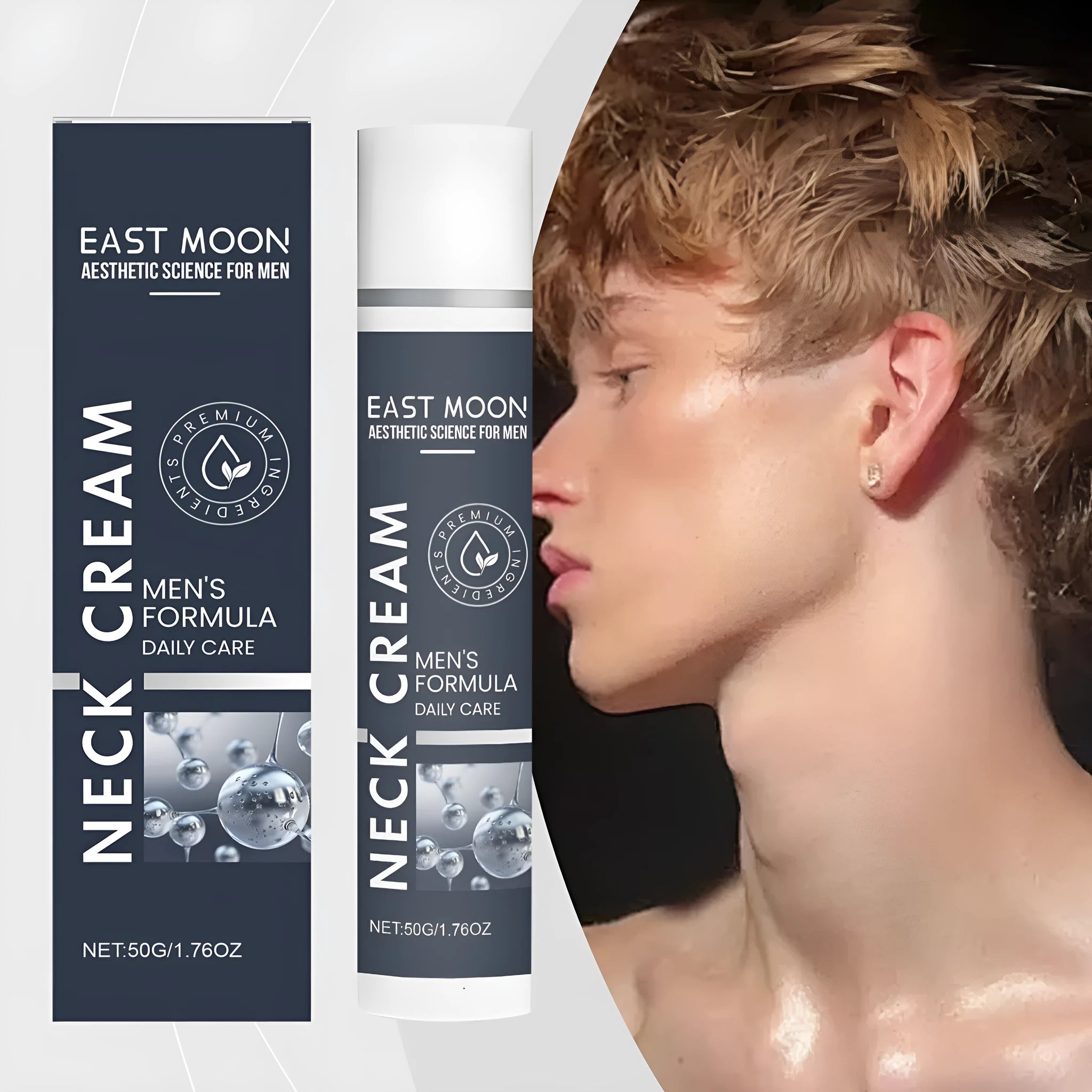 Men's neck stretch cream 50g container with collagen, hyaluronic acid, retinol, and vitamin E