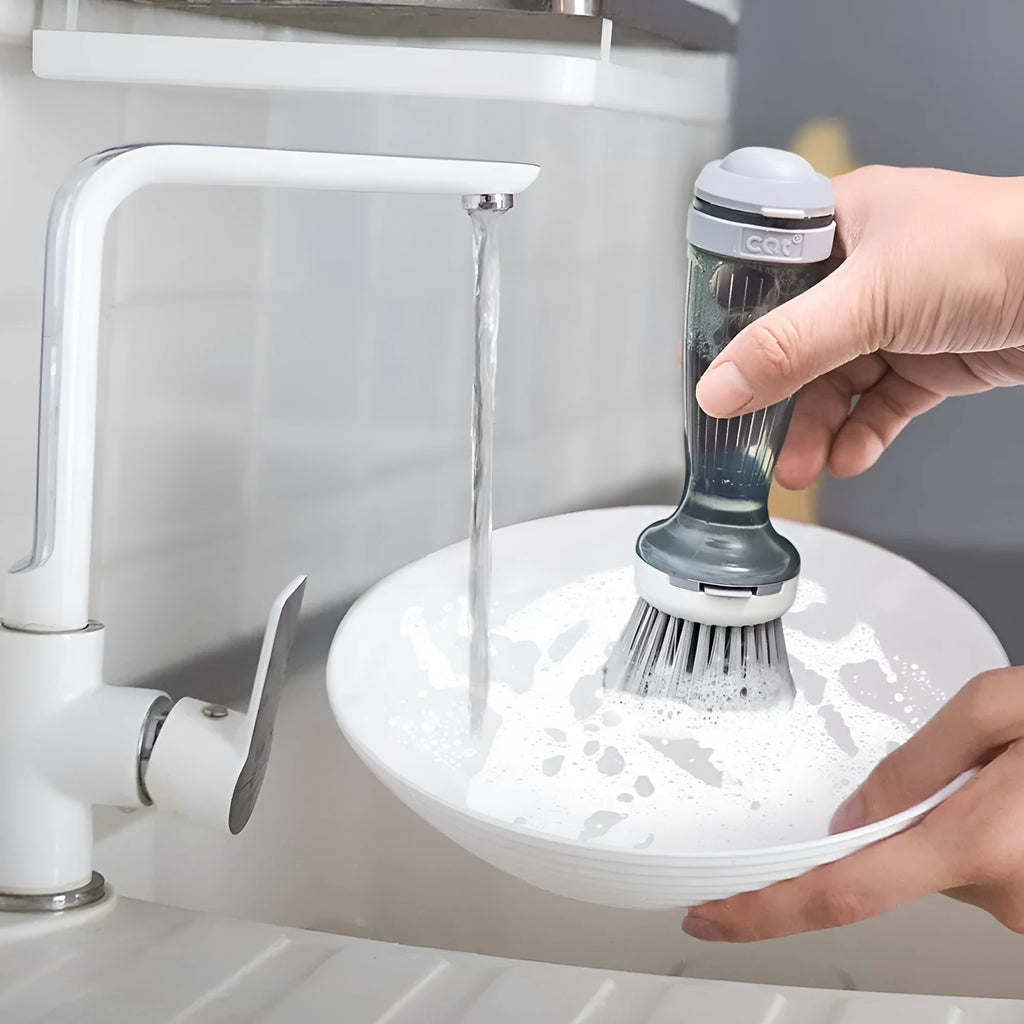 Pot scrub brush with soap dispenser in mint green colour with replaceable brush head