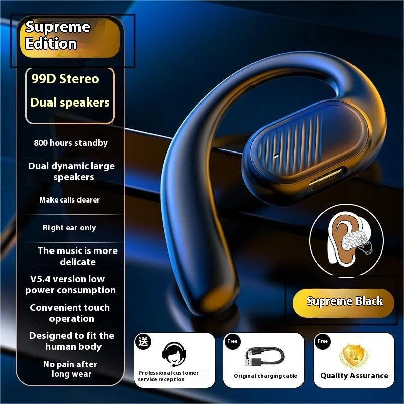 LX-09 Supreme Black ear-mounted Bluetooth headset with dual speakers and smart touch controls