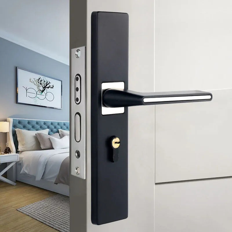 Aluminium alloy indoor split magnetic door lock handle for timber doors in black finish.