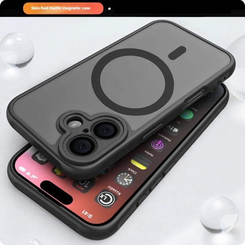 Black magnetic suction phone case for Apple iPhone 12 to 16 series with frosted skin finish