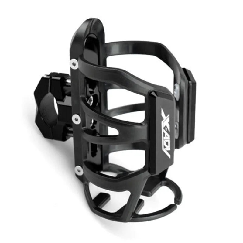 Black water bottle cage mounted on Honda scooter bumper with hydration bottle