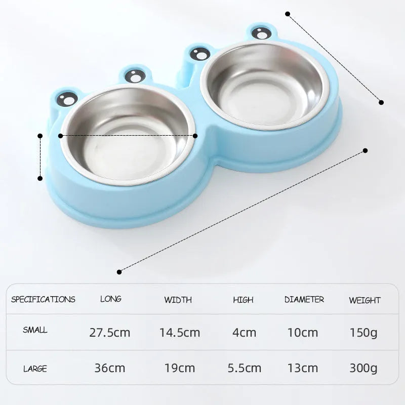 Stainless steel double pet bowl for food and water with a coloured silicone anti-slip base.