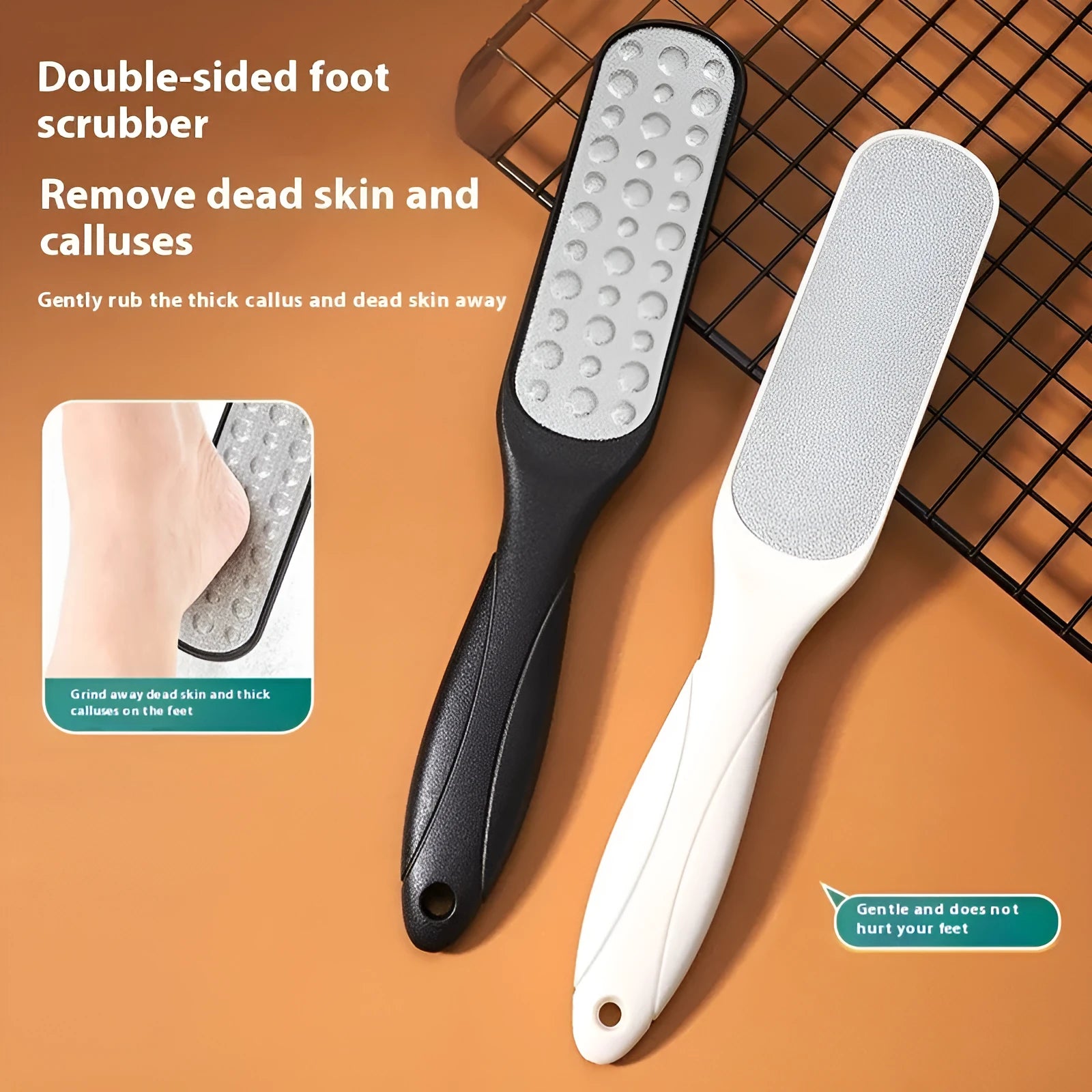 Double-sided stainless steel foot grinder with white and black sandpaper surfaces for callus removal