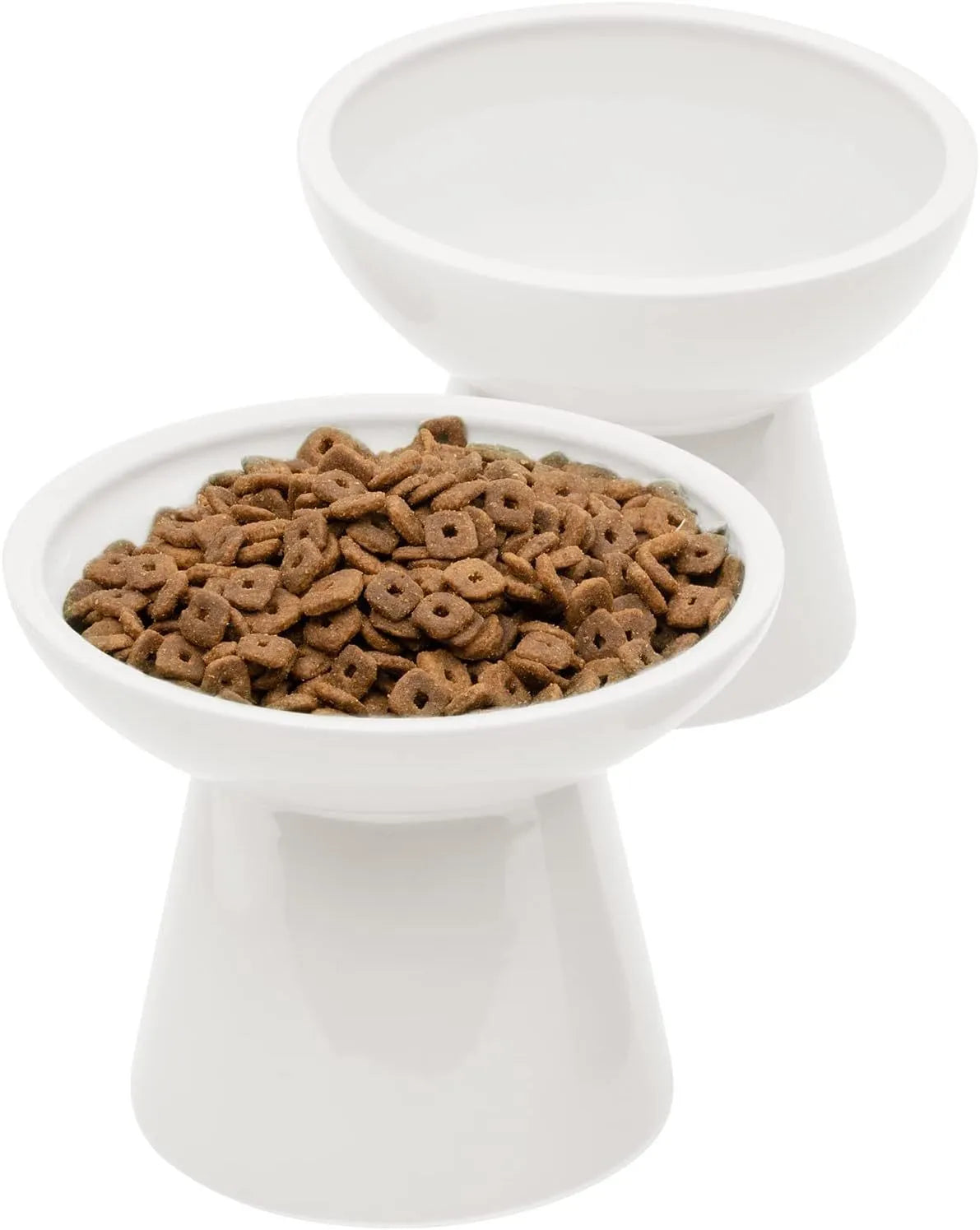 Ceramic elevated cat food bowl with wide shallow design in blue colour