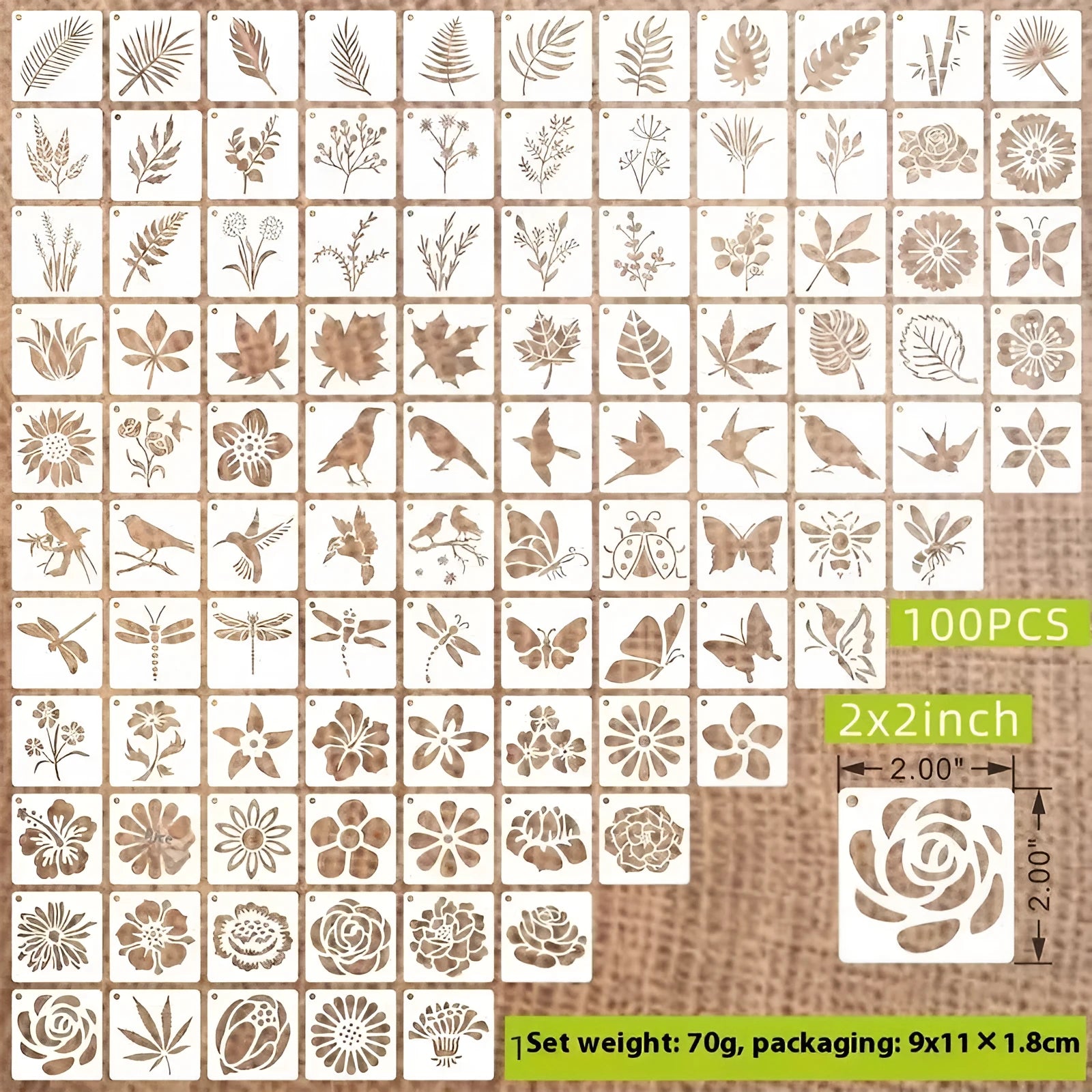 100 pieces of 2-inch milky white PET film spray painting templates showing floral, animal, and letter designs