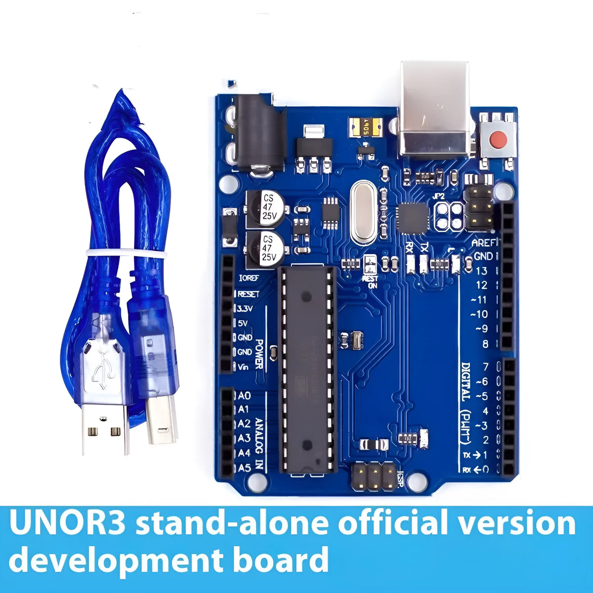 ATmega328P UNO R3 development board with USB cable for programming microcontroller projects