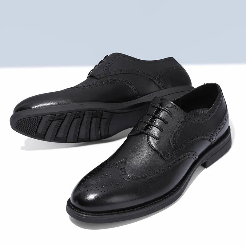 Men's black and brown brogue shoes with business styling and PU leather upper