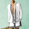 Men's slim fit long sleeve shirt and matching shorts casual summer set on a hanger.