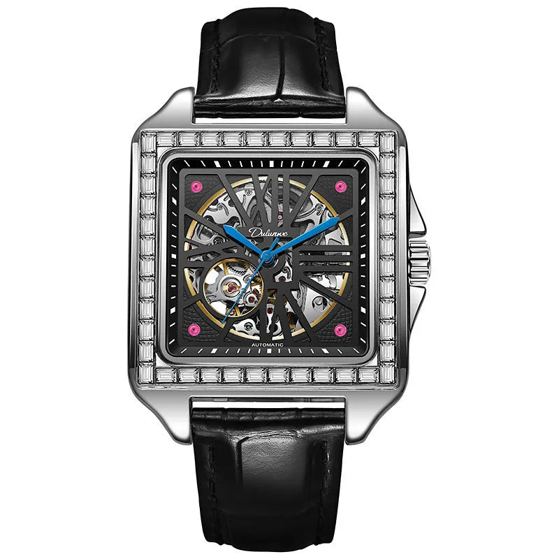 Men's square stainless steel automatic watch with diamond bezel on a black leather strap.