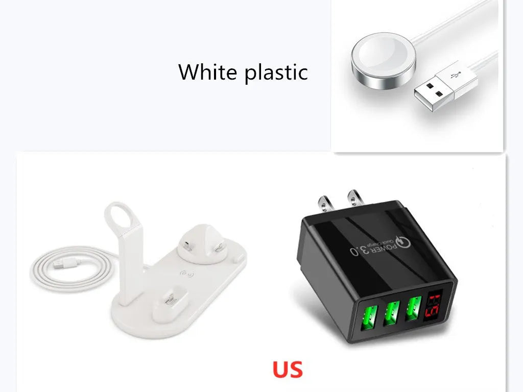 4 in 1 wireless charger stand for iPhone Samsung iWatch AirPods in black silicone material with 360 degree rotating dock