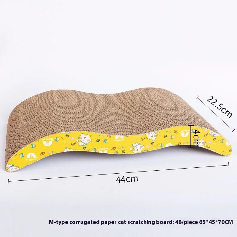 Leather-trimmed cat scratch board with corrugated paper surface in a bone shape style.