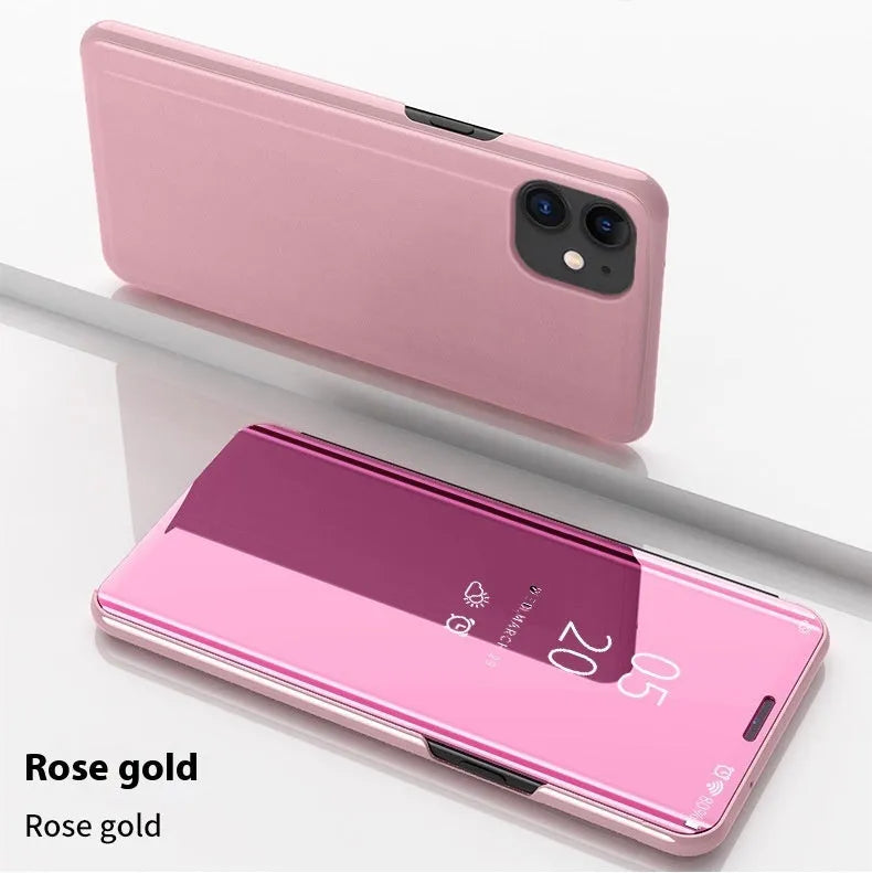Electroplating mirror flip vertical leather phone case for iPhone in black with built-in bracket stand