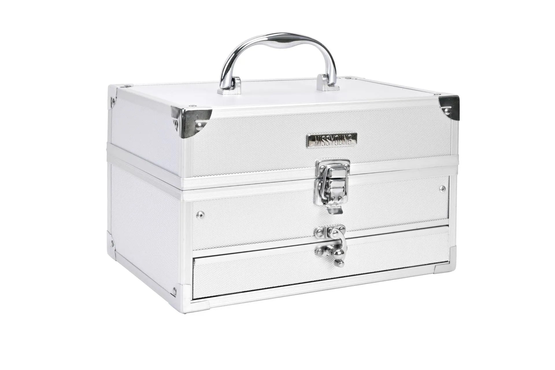 Silver makeup set with eye shadow, blush, lip gloss, lip pencil, and brush in a compact case