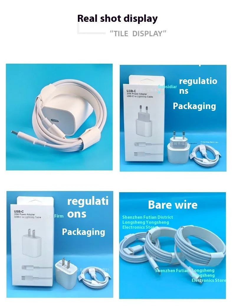 White PD20w 20W USB Type-C charger with 1 metre Lightning cable on white background