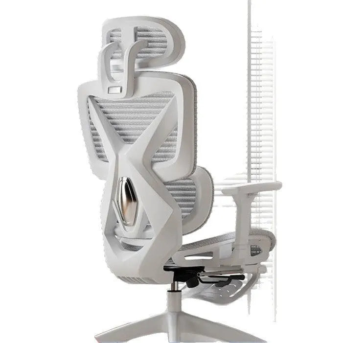 Ergonomic gaming chair with black frame, mesh seat, 4D adjustable armrests, and footrest on a neutral background