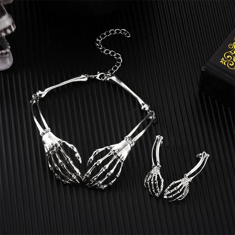 Skull and ghost claw necklace and earrings set in dark style with adjustable chain
