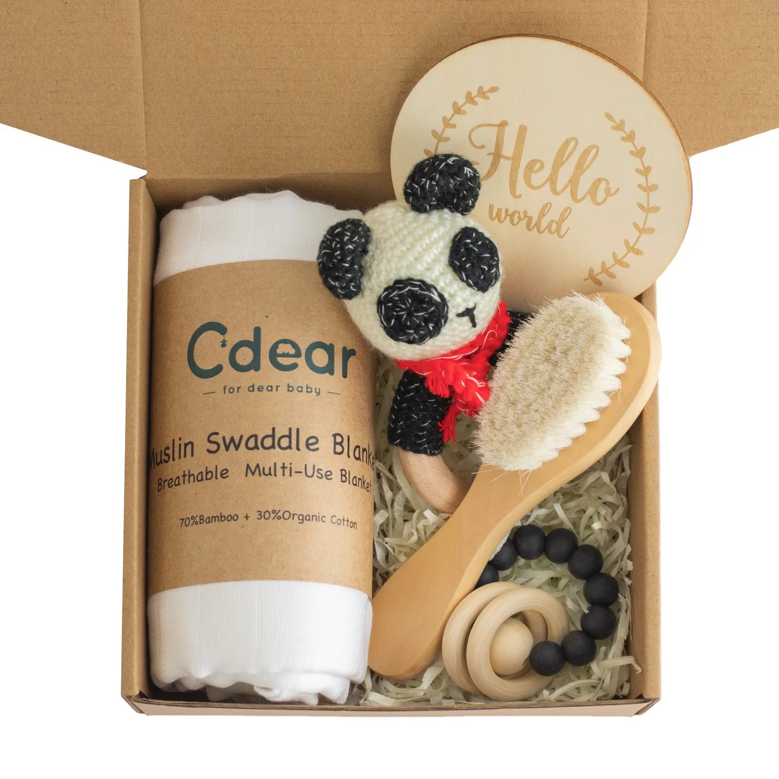 Baby teething toy gift set with bamboo cotton blanket and natural beech wood components