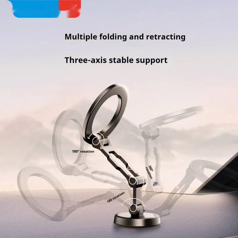 Car magnetic foldable metal bracket in black mounted on dashboard with phone attached