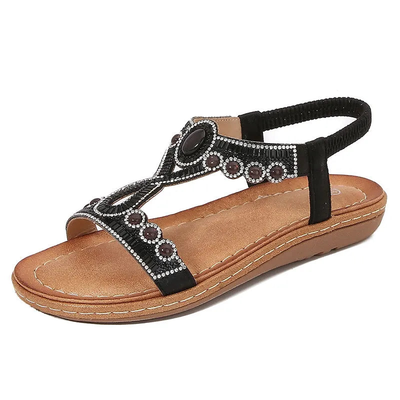 Women's frosted bohemian sandals with rhinestone decoration, elastic band, and solid colour PU upper