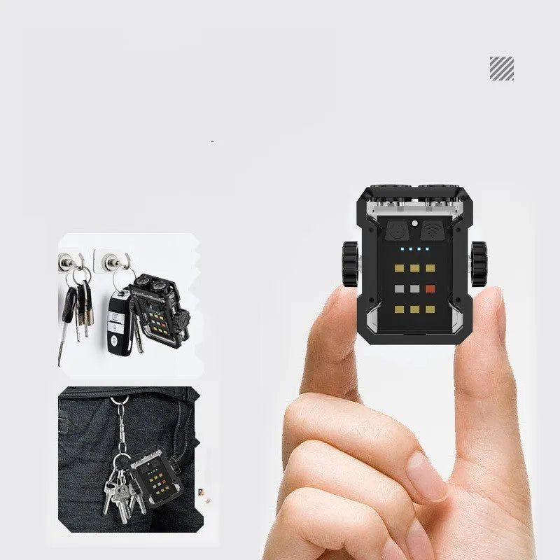 Black aluminium alloy mini keychain flashlight with keyring and Type-C charging port.