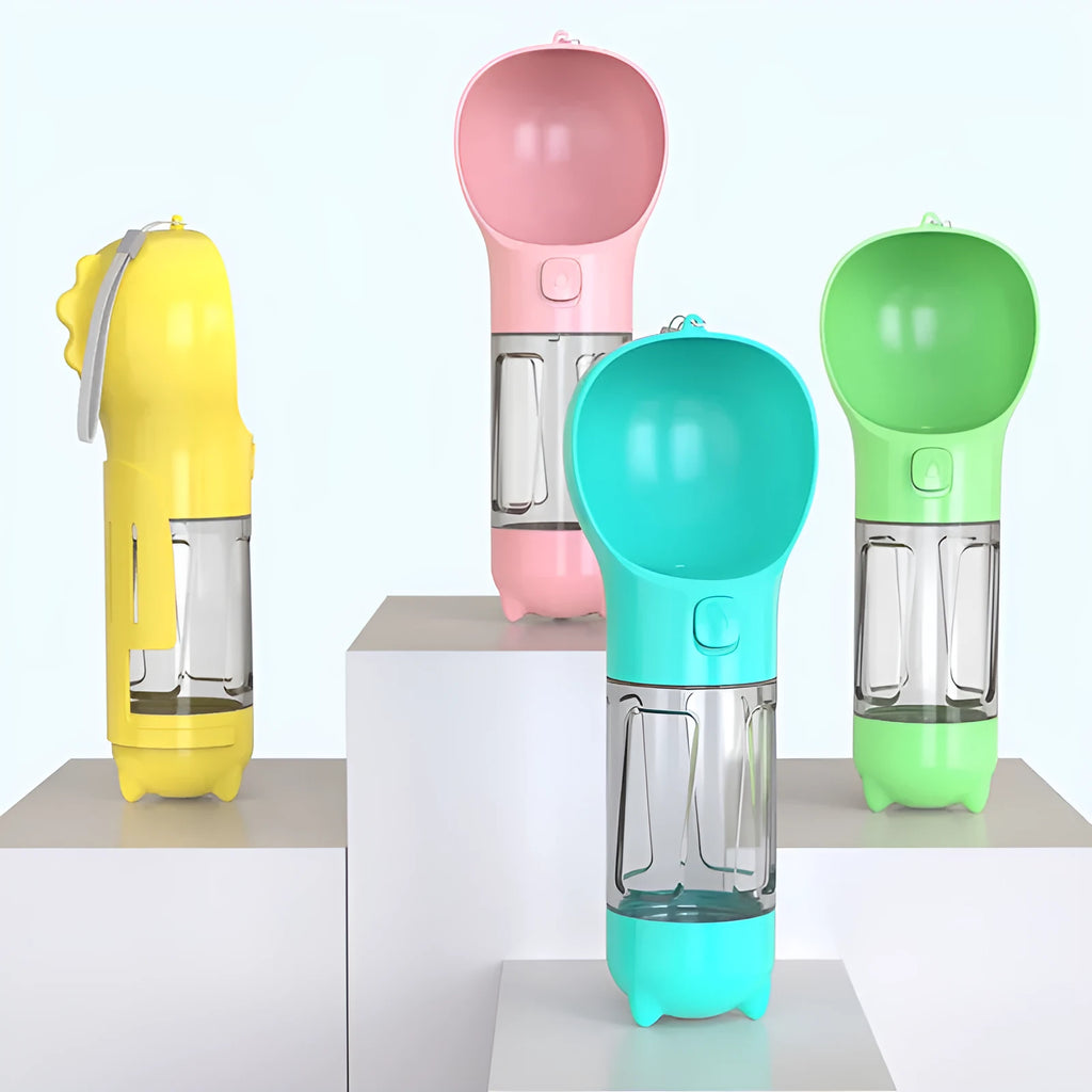 Pet multi-functional water bottle 300ml in yellow with built-in waste bag compartment and side shovel