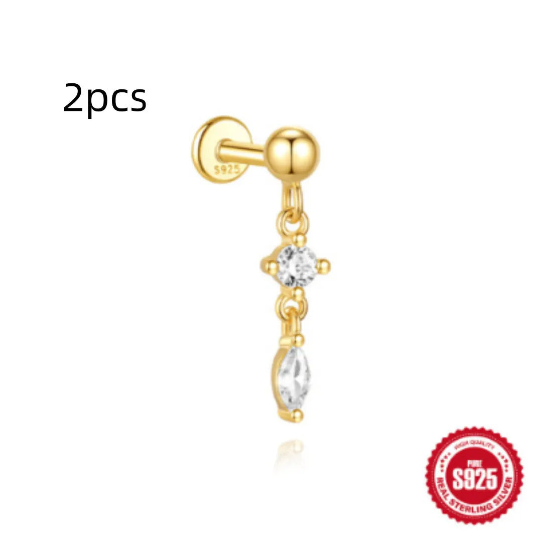 S925 sterling silver water drop shaped earrings with a flat spiral geometric design on a white background.