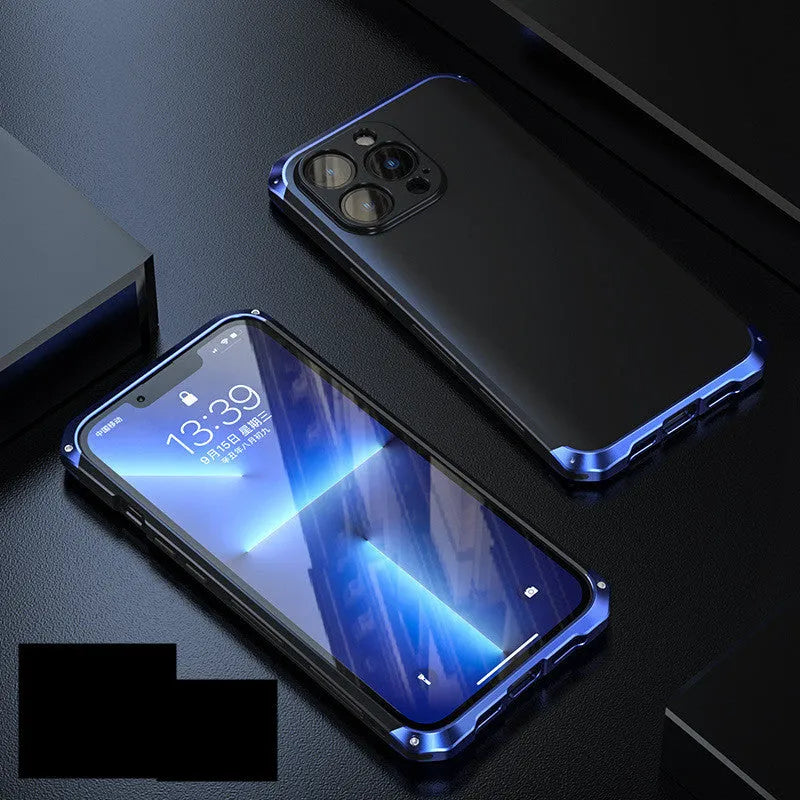 Full frame solid colour mobile phone case for Apple iPhone 13 series in aluminum alloy and plastic, black finish