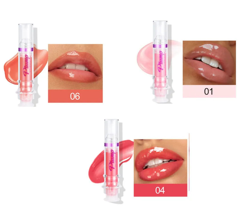 Tube of lip gloss showing shiny finish, available in six different colour shades.