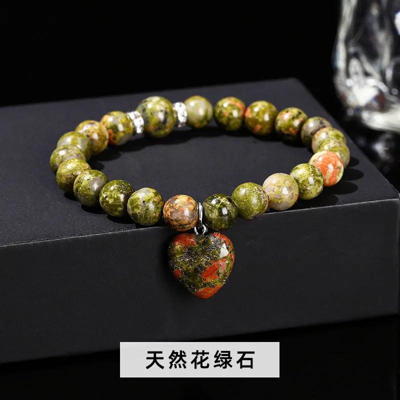 Handmade natural crystal bracelet with six stone types in geometric round beads, showing 8mm and 10mm purity size options