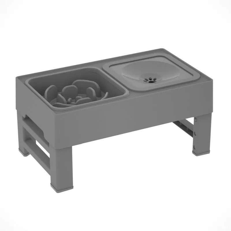 Adjustable height elevated dog bowl station with slow feeder and water bowl on anti-slip legs