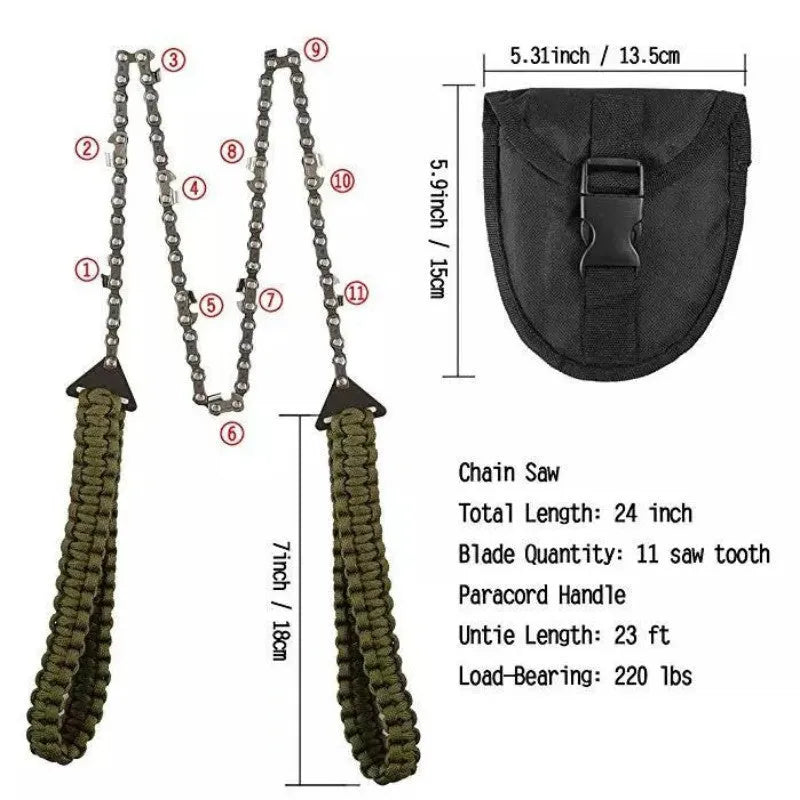 Braided umbrella rope camping survival pocket saw in army green with manganese steel blade, expanded to 103 cm, on natural wood surface