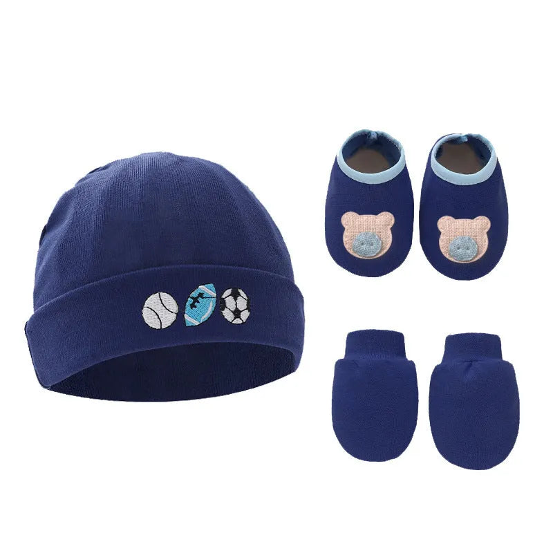 Cotton baby gloves and foot cover set in multiple colours including light blue, navy blue, pink, and camel