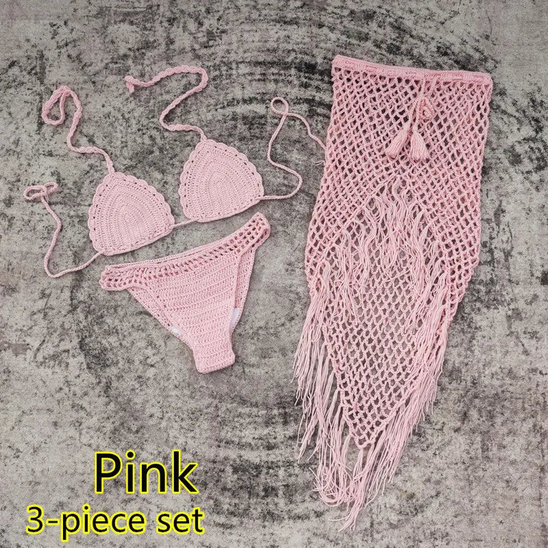 Women's handmade crochet three-piece bikini set with skirt in blue colour