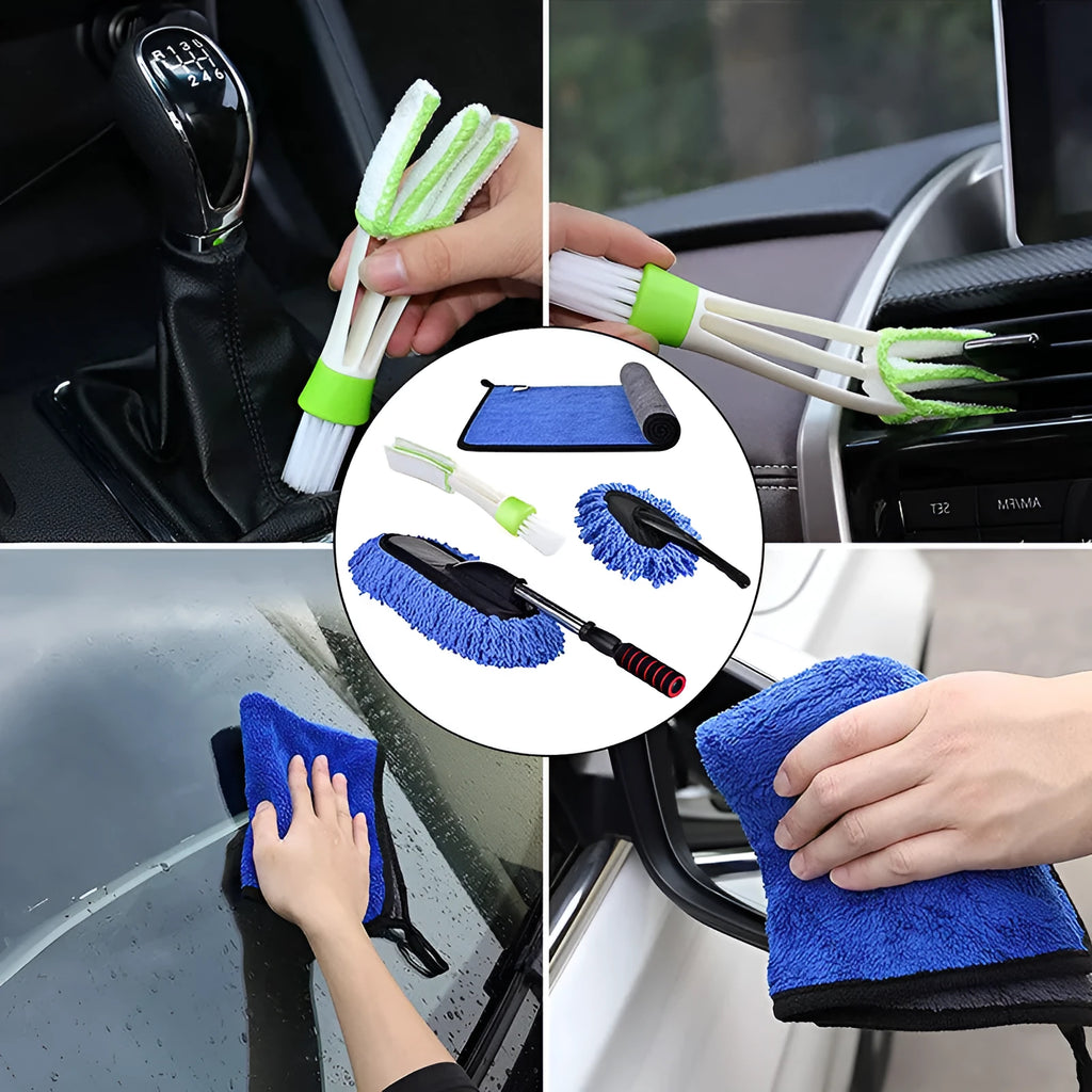 Car dust collector with retractable handle and five microfiber dusting brushes for car and home cleaning