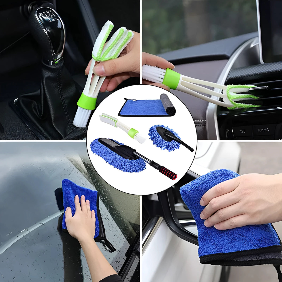 Car dust collector with retractable handle and five microfiber dusting brushes for car and home cleaning