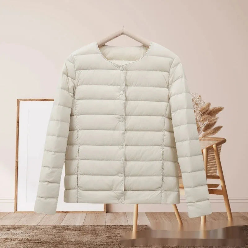 Short autumn winter lightweight cotton-padded jacket for women in beige loose fit long sleeve polyester
