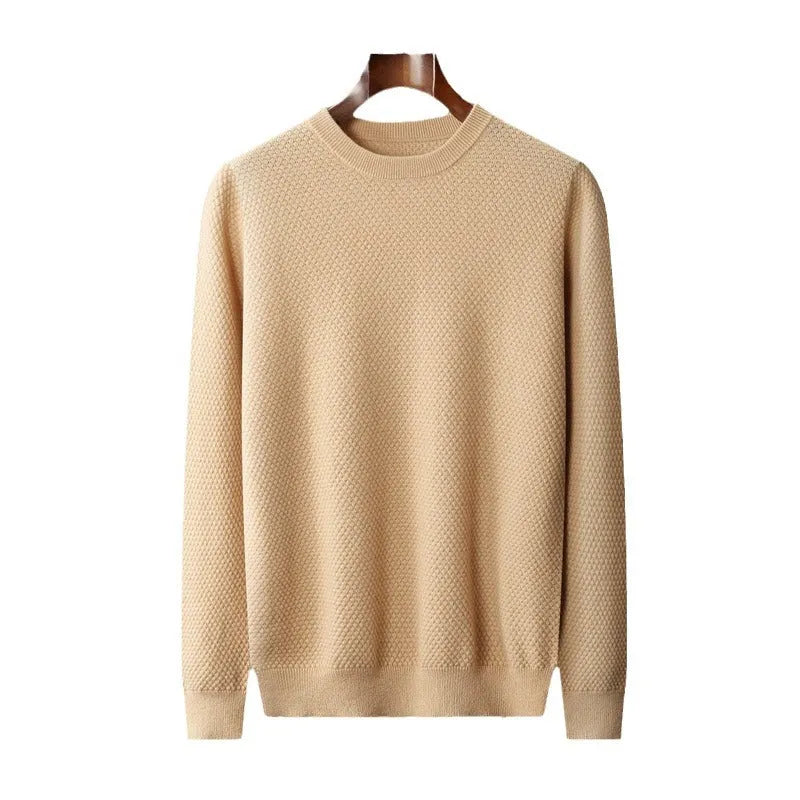 Men's autumn winter cashmere round neck pullover sweater with pineapple stitch in khaki colour