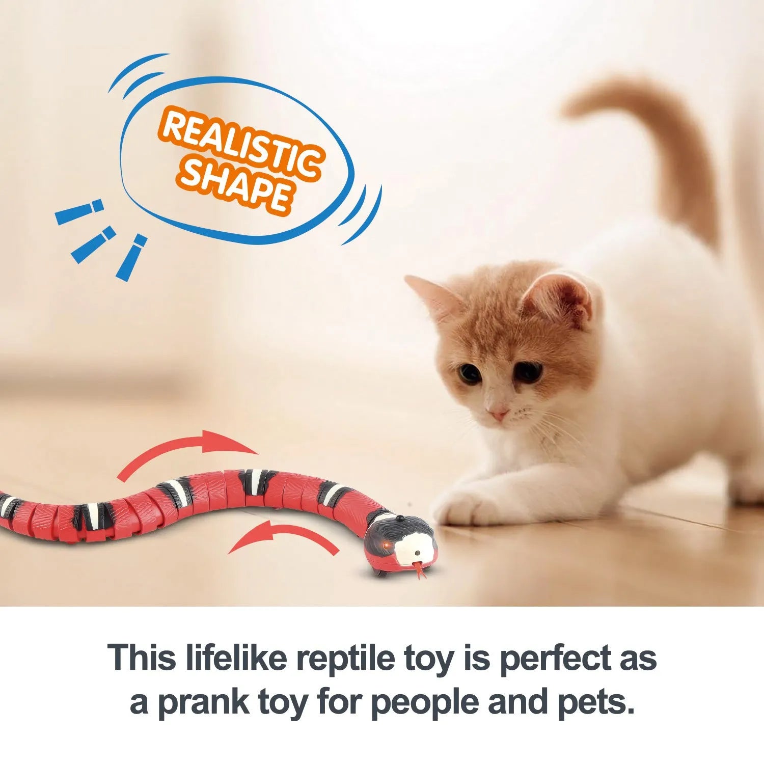 Smart sensing electronic snake cat toy with segmented plastic body and USB charging port