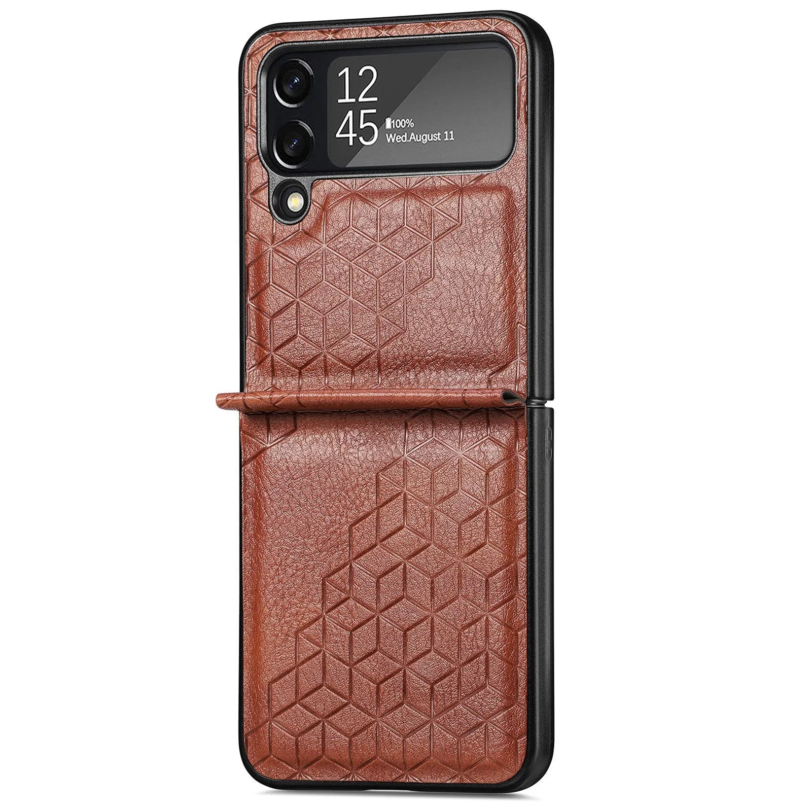 Samsung Z Flip 4 PU leather back cover with rhombus pattern in black, brown, blue, green, and red