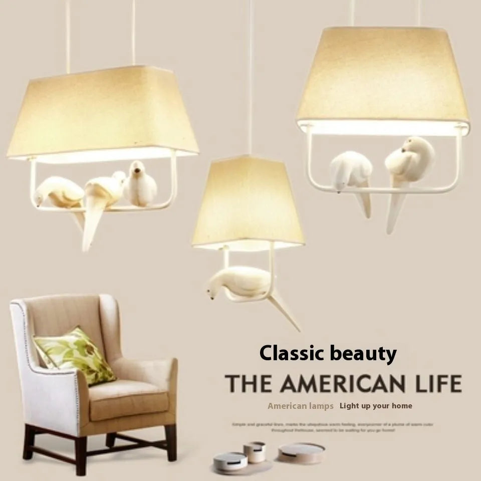 Bird design fabric chandelier ceiling lamp with iron frame hanging from a cord