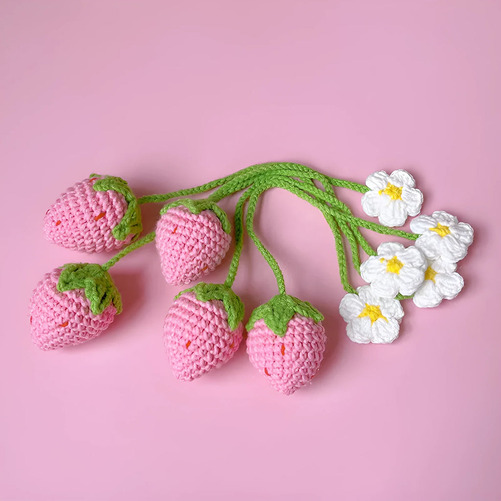 Handmade wool crochet strawberry pendant necklace with red fruit charm on 35cm cord